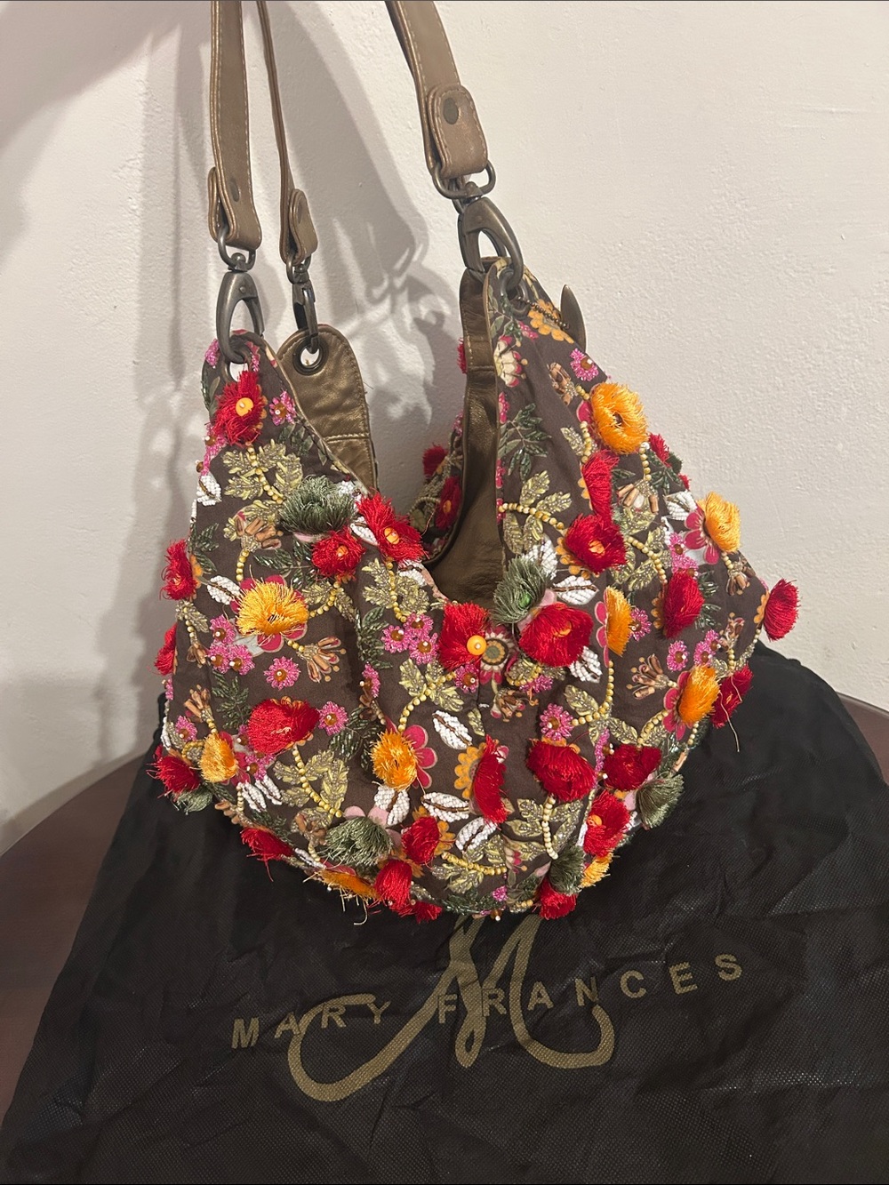 Mary Frances Metallic Gold Floral Embroidered Pom-Pom Shoulder Bucket Bag w/Dust